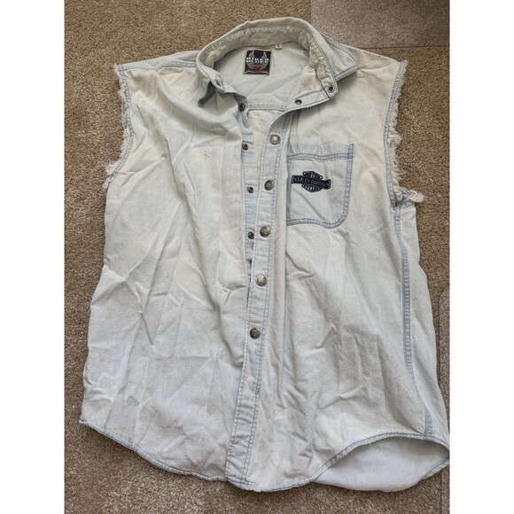 Harley Davidson Sleeveless Denim Shirt Top Collared Buttoned Size M Embroidered - Picture 1 of 10
